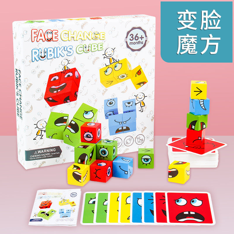 Children's Face-changing Rubik's Cube Building Blocks Educational Toys Parent-child Interactive Desktop Battle Game Wooden Smiley Pattern Rubik's Cube - image 4