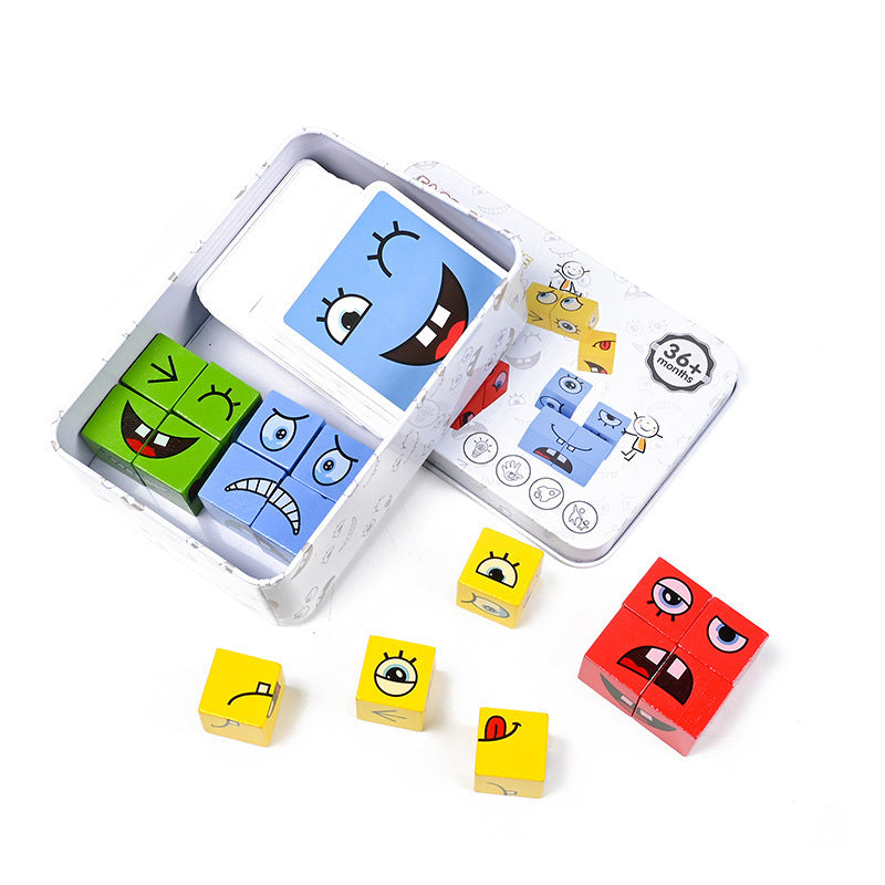 Children's Face-changing Rubik's Cube Building Blocks Educational Toys Parent-child Interactive Desktop Battle Game Wooden Smiley Pattern Rubik's Cube - image 5