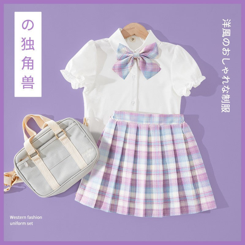 jk Uniform Children's Girls' Shirt Summer Japanese Genuine Primary School Plaid Skirt Set Full Set College Style Pleated Skirt - image 1