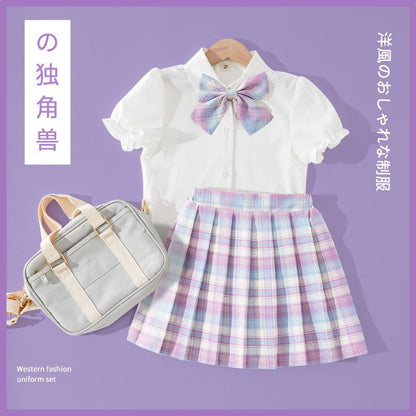 jk Uniform Children's Girls' Shirt Summer Japanese Genuine Primary School Plaid Skirt Set Full Set College Style Pleated Skirt - image 1