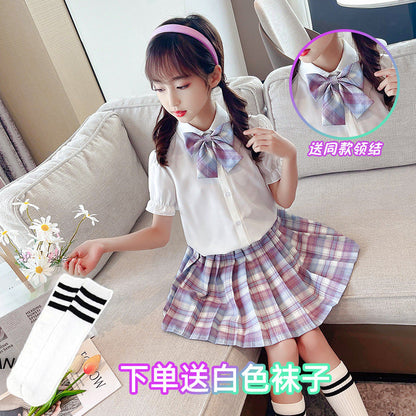 jk Uniform Children's Girls' Shirt Summer Japanese Genuine Primary School Plaid Skirt Set Full Set College Style Pleated Skirt - image 3