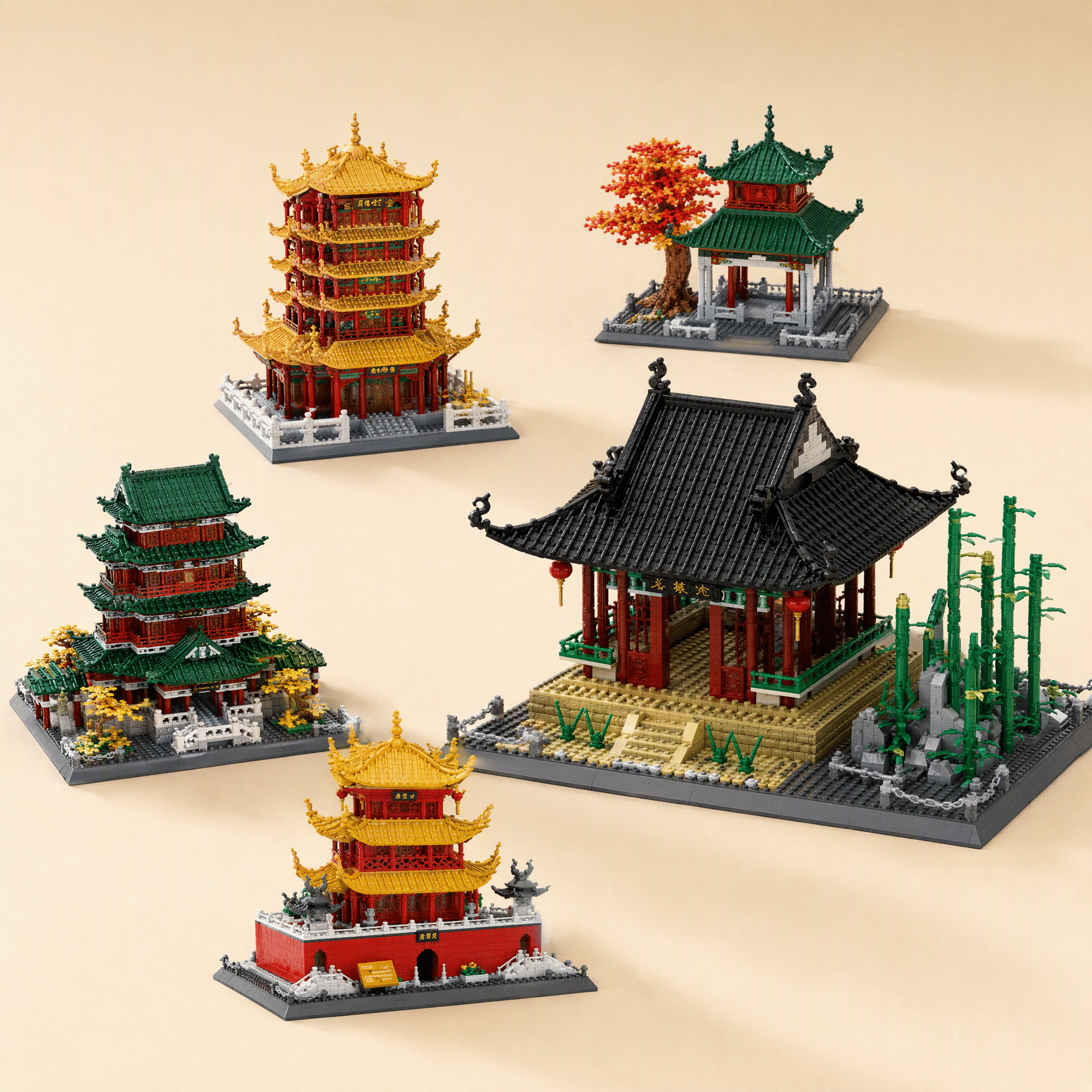 Small-particle educational building blocks with a Chinese architecture theme
