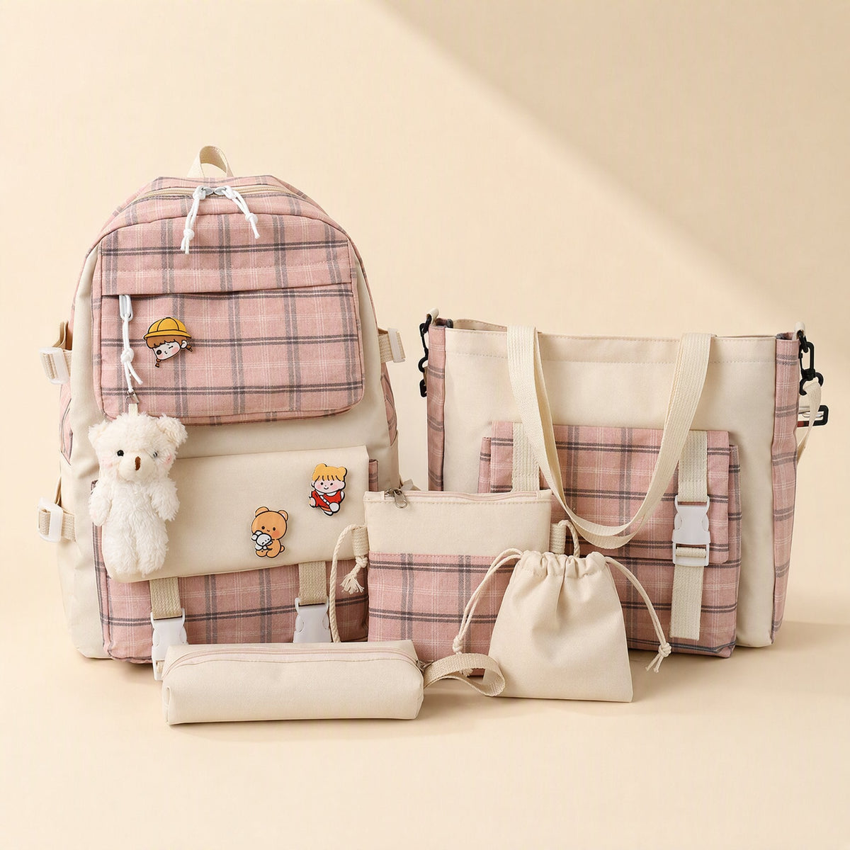 Plaid canvas school backpack with an air-cushion strap system