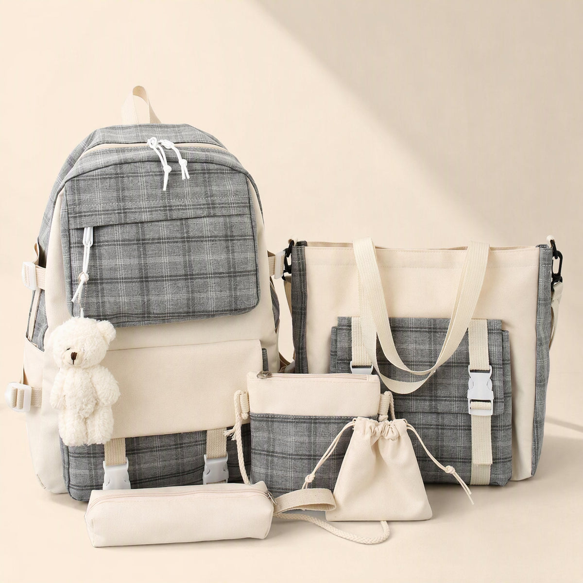 Plaid canvas school backpack with an air-cushion strap system - view 4
