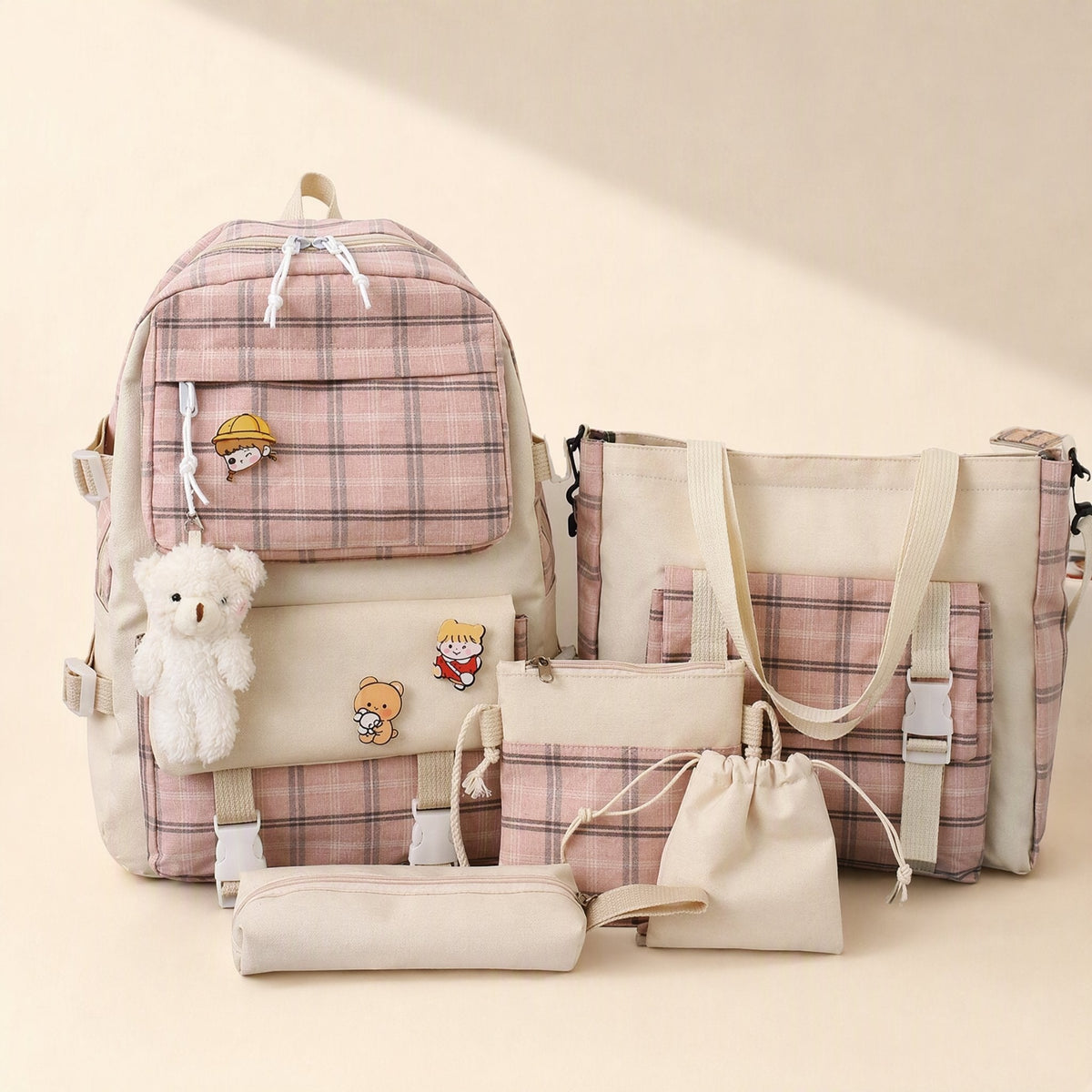 Plaid canvas school backpack with an air-cushion strap system - view 5
