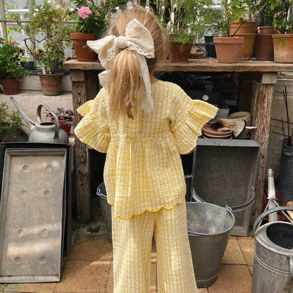Summer Nordic-style Ruffle-sleeve Yellow Plaid Loose