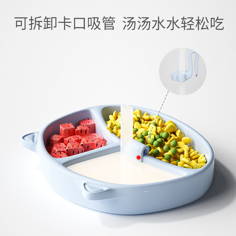 Baby Dinner Plate Baby Suction Cup Children's Silicone Straw Supplementary Bowl Anti-fall Split Plate Training Spoon Tableware suit - image 3