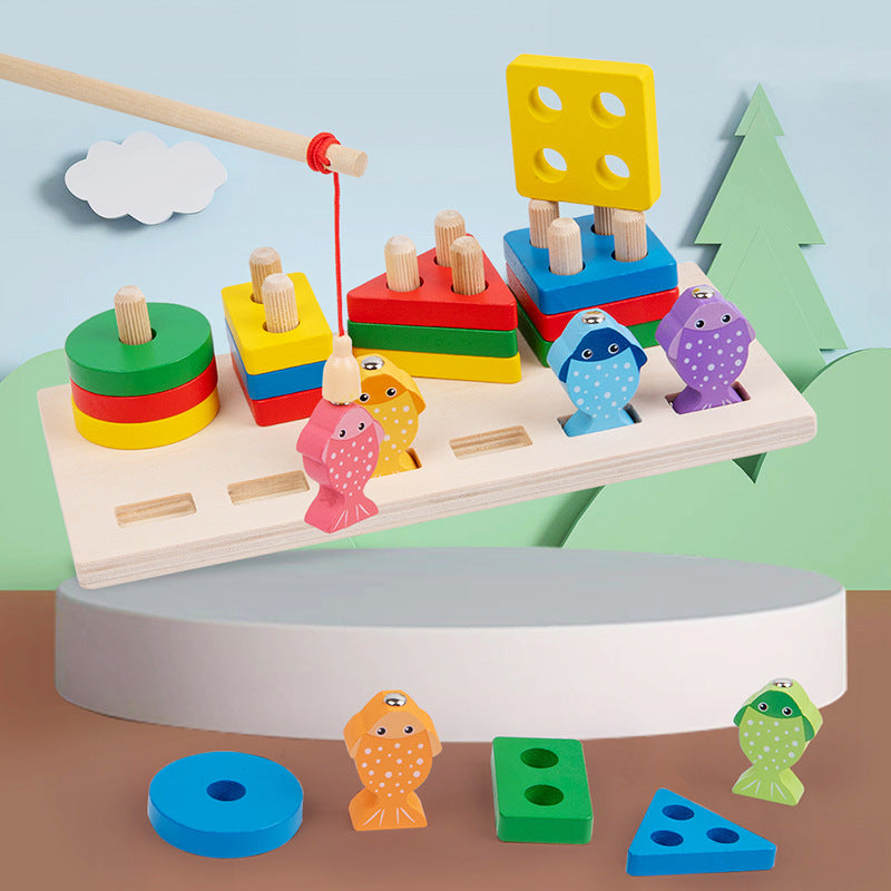 Children's two-in-one fishing shape set column baby early education Montessori shape cognitive matching wooden toys wholesale - image 1