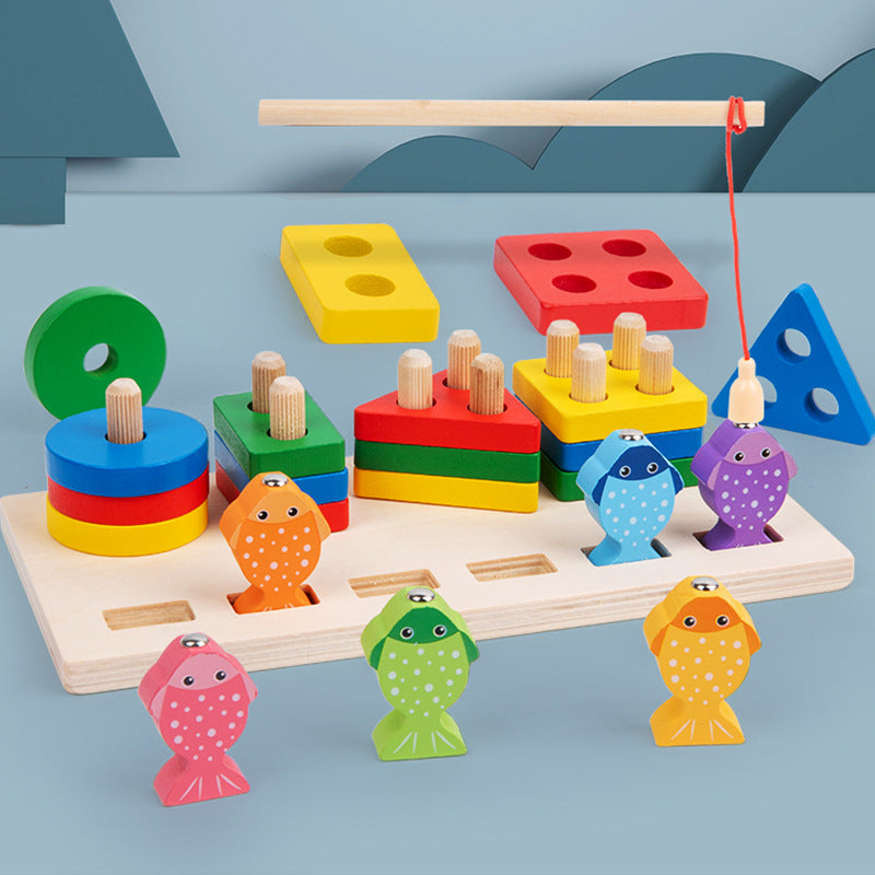 Children's two-in-one fishing shape set column baby early education Montessori shape cognitive matching wooden toys wholesale - image 2
