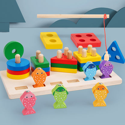 Children's two-in-one fishing shape set column baby early education Montessori shape cognitive matching wooden toys wholesale - image 2