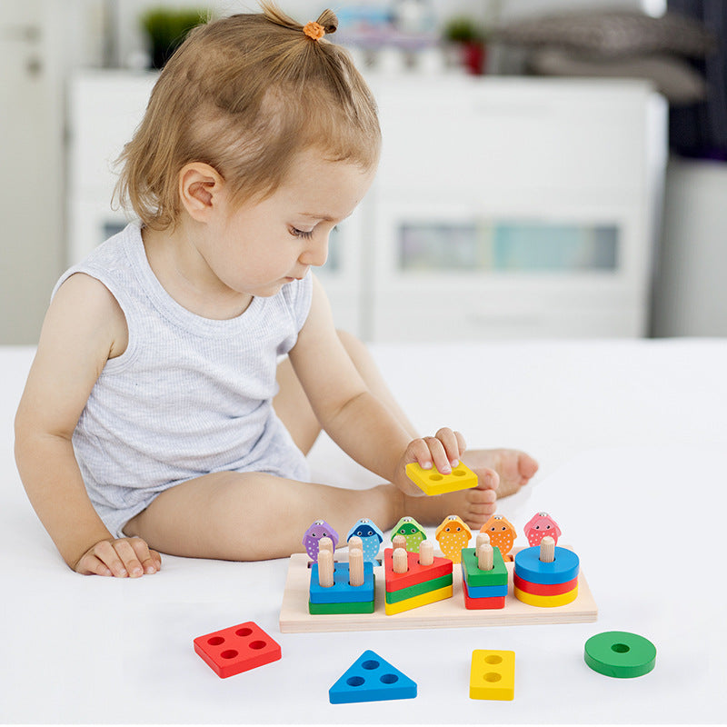 Children's two-in-one fishing shape set column baby early education Montessori shape cognitive matching wooden toys wholesale - image 3