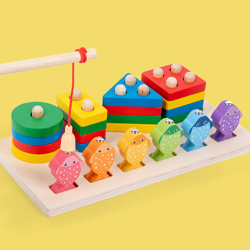 Children's two-in-one fishing shape set column baby early education Montessori shape cognitive matching wooden toys wholesale - image 4