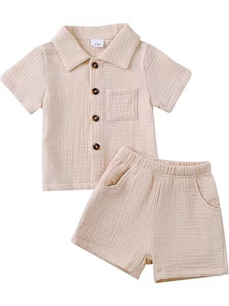 Baby Boy Cotton-linen Solid Color Textured Fabric Lapel Collar