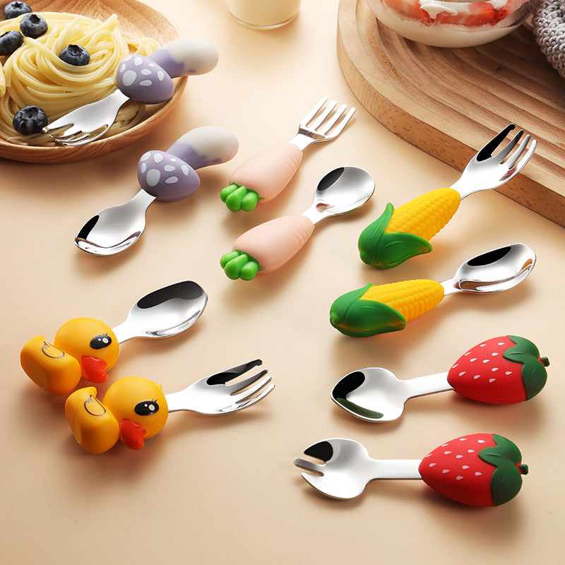 Cartoon Baby Silicone Short Handle Tableware 304 Stainless Steel Head Children's Fork Spoon Children's Supplementary Food Fruit and Vegetable Shape - image 1