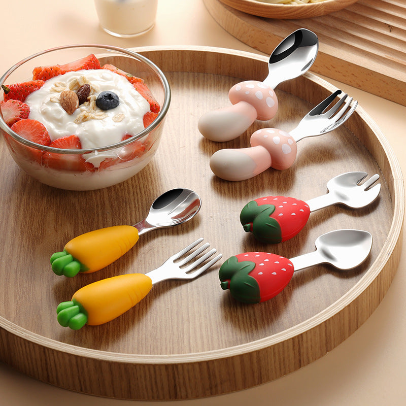 Cartoon Baby Silicone Short Handle Tableware 304 Stainless Steel Head Children's Fork Spoon Children's Supplementary Food Fruit and Vegetable Shape - image 2