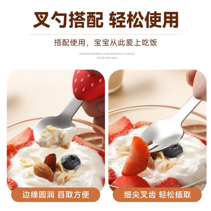 Cartoon Baby Silicone Short Handle Tableware 304 Stainless Steel Head Children's Fork Spoon Children's Supplementary Food Fruit and Vegetable Shape - image 3