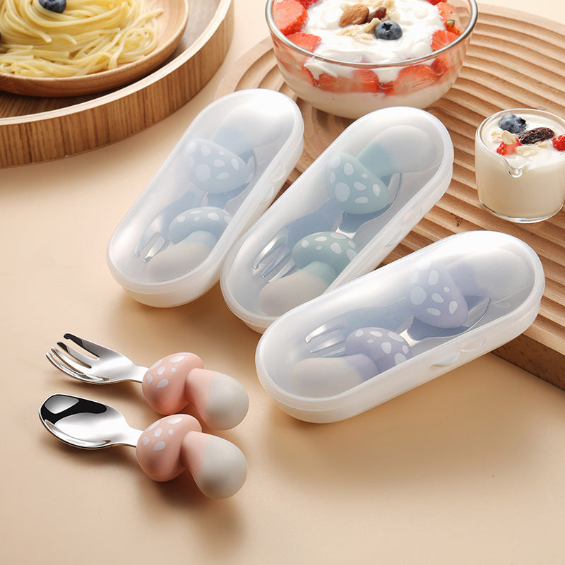 Cartoon Baby Silicone Short Handle Tableware 304 Stainless Steel Head Children's Fork Spoon Children's Supplementary Food Fruit and Vegetable Shape - image 4