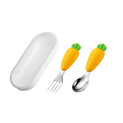 Cartoon Baby Silicone Short Handle Tableware 304 Stainless Steel Head Children's Fork Spoon Children's Supplementary Food Fruit and Vegetable Shape - image 5