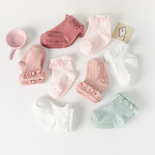 Amazon Children's Non-slip Spring and Autumn Cotton Socks Infants 0-6 Months Girls Solid Color Lace Socks Baby Floor Socks - image 1