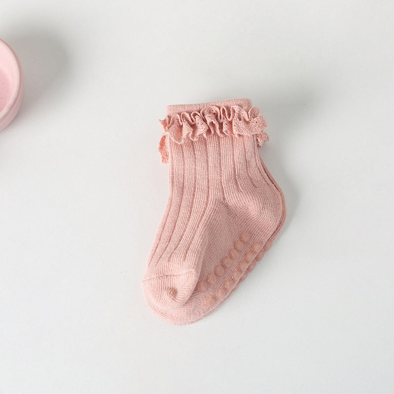 Amazon Children's Non-slip Spring and Autumn Cotton Socks Infants 0-6 Months Girls Solid Color Lace Socks Baby Floor Socks - image 2