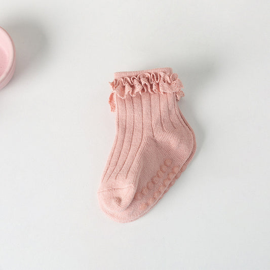 Amazon Children's Non-slip Spring and Autumn Cotton Socks Infants 0-6 Months Girls Solid Color Lace Socks Baby Floor Socks - image 2