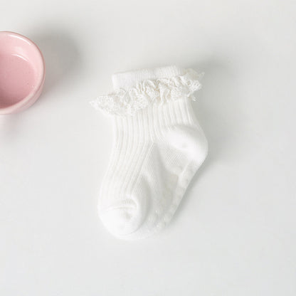 Amazon Children's Non-slip Spring and Autumn Cotton Socks Infants 0-6 Months Girls Solid Color Lace Socks Baby Floor Socks - image 3