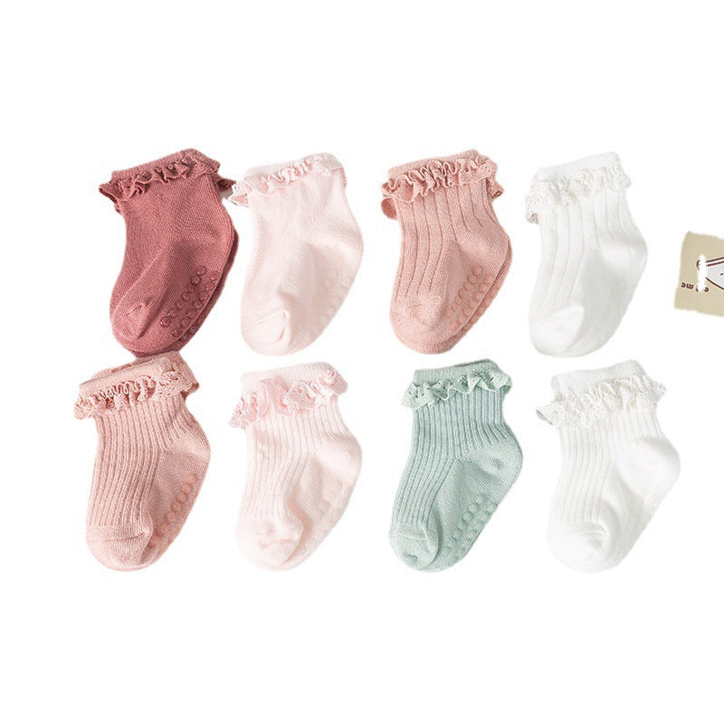 Amazon Children's Non-slip Spring and Autumn Cotton Socks Infants 0-6 Months Girls Solid Color Lace Socks Baby Floor Socks - image 5