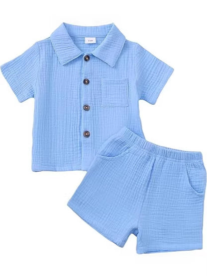 Baby Boy Cotton-linen Solid Color Textured Fabric Lapel Collar