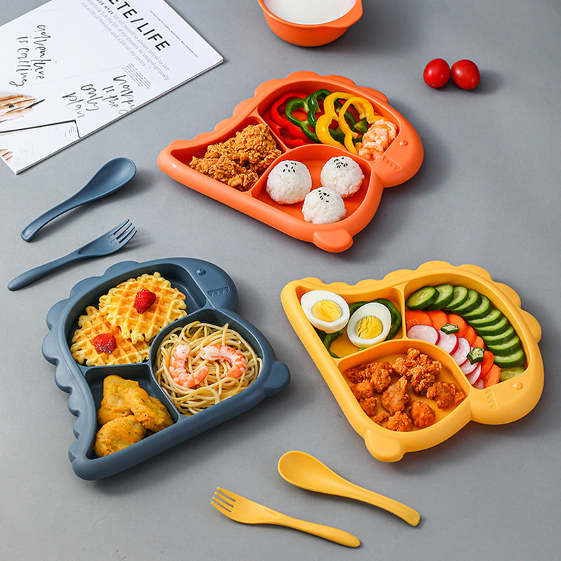 Creative Cartoon Dinosaur Children's Dinner Plate Four-piece Set Thickened Baby Kindergarten Spoon Fork Supplementary Bowl Feeding Dinner Plate - image 1