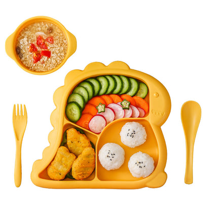 Creative Cartoon Dinosaur Children's Dinner Plate Four-piece Set Thickened Baby Kindergarten Spoon Fork Supplementary Bowl Feeding Dinner Plate - image 5
