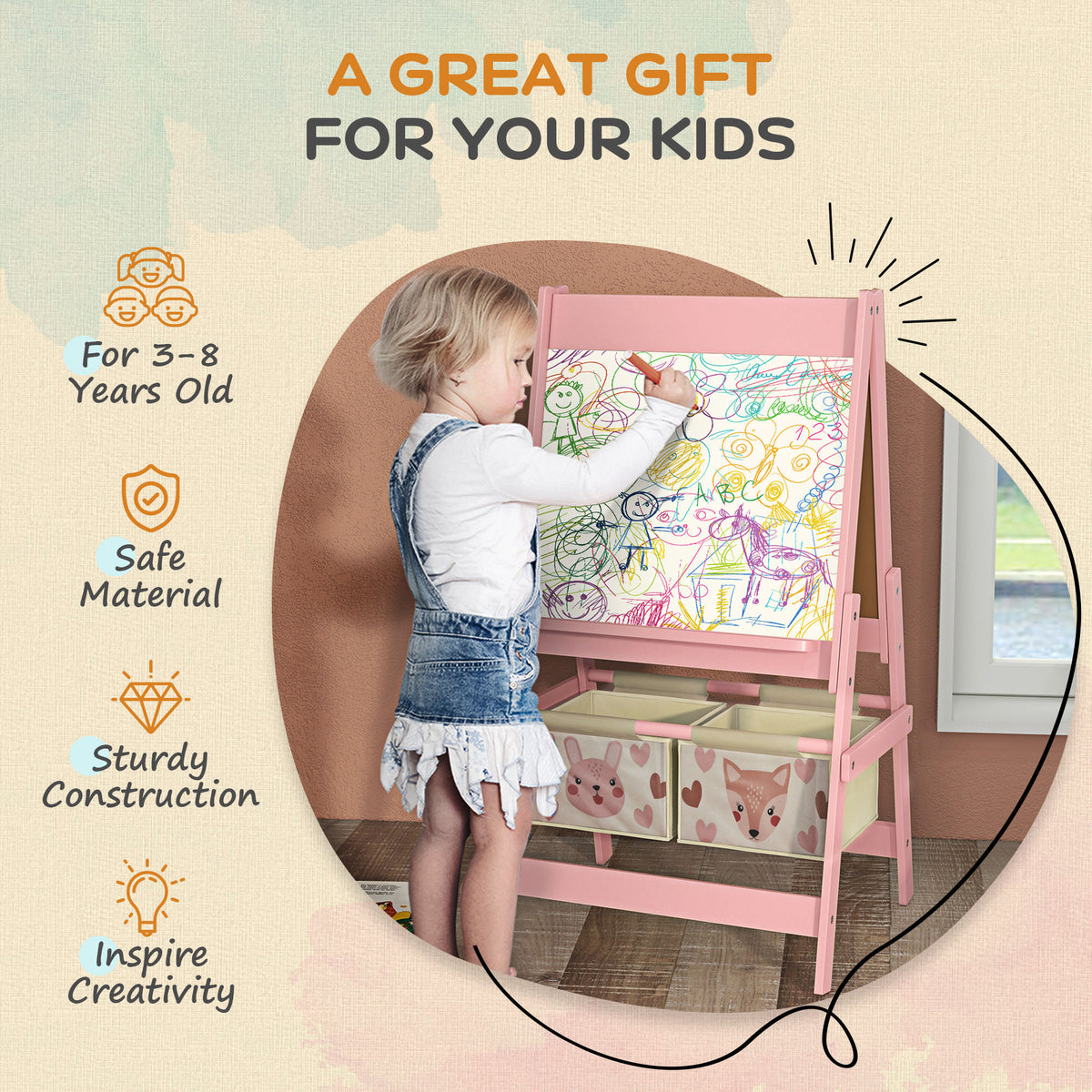 Art Easel for Kids with Paper Roll, Blackboard, Whiteboard,