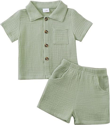 Baby Boy Cotton-linen Solid Color Textured Fabric Lapel Collar