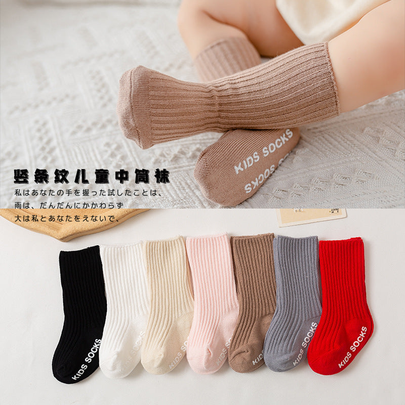 Baby double needle mid-calf socks autumn and winter children's pile socks infant non-slip floor socks solid color Spanish pit - image 1