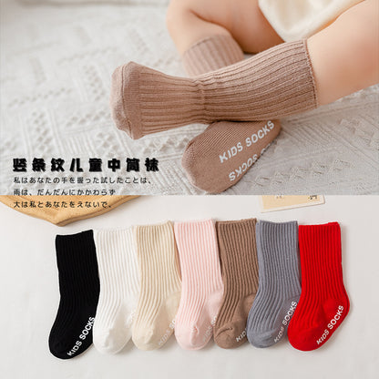Baby double needle mid-calf socks autumn and winter children's pile socks infant non-slip floor socks solid color Spanish pit - image 1