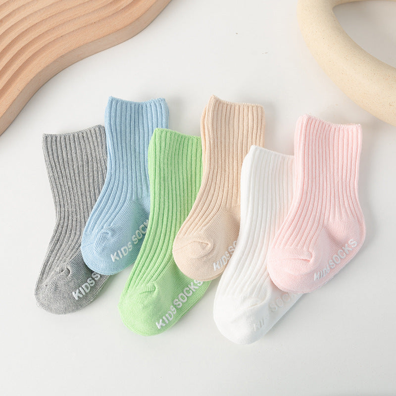Baby double needle mid-calf socks autumn and winter children's pile socks infant non-slip floor socks solid color Spanish pit - image 2
