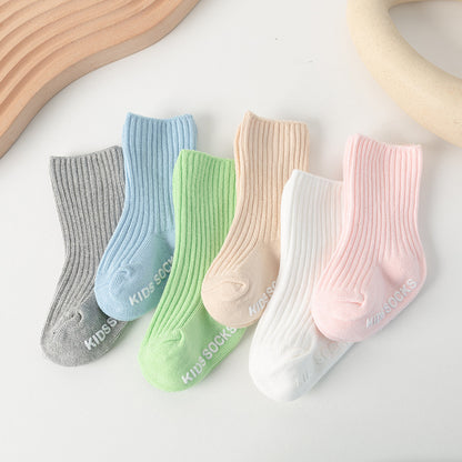 Baby double needle mid-calf socks autumn and winter children's pile socks infant non-slip floor socks solid color Spanish pit - image 2