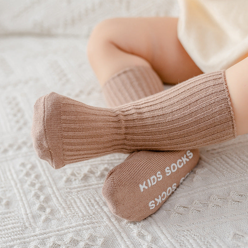 Baby double needle mid-calf socks autumn and winter children's pile socks infant non-slip floor socks solid color Spanish pit - image 3