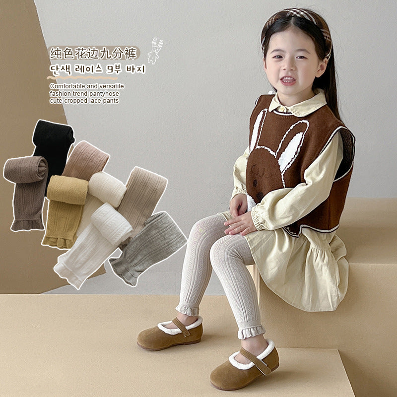 Girls' Pantyhose Spring and Autumn Solid Color Wheat Ear Lace Nine-point Children's Leggings Korean Baby Leggings - image 2