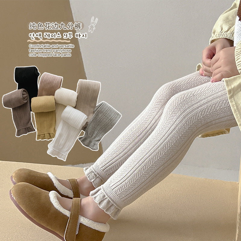 Girls' Pantyhose Spring and Autumn Solid Color Wheat Ear Lace Nine-point Children's Leggings Korean Baby Leggings - image 3
