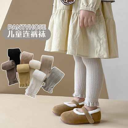 Girls' Pantyhose Spring and Autumn Solid Color Wheat Ear Lace Nine-point Children's Leggings Korean Baby Leggings - image 4