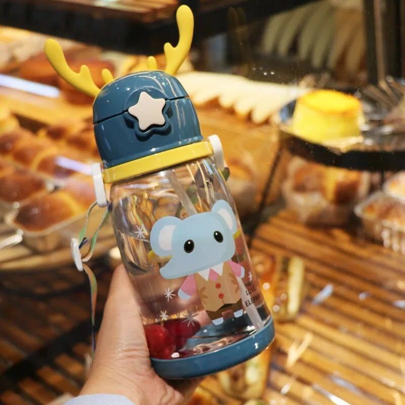 Children's Water Cup Kindergarten Primary School Baby Anti-Fall Cup Cute Girl Antlers Water Bottle Bag Straw Coke Bottle - image 2