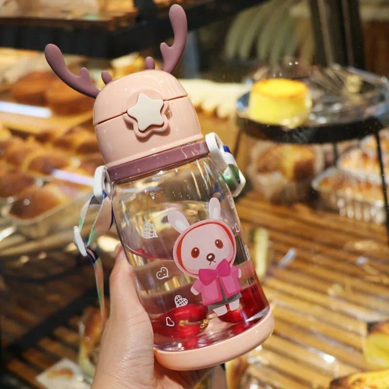 Children's Water Cup Kindergarten Primary School Baby Anti-Fall Cup Cute Girl Antlers Water Bottle Bag Straw Coke Bottle - image 3