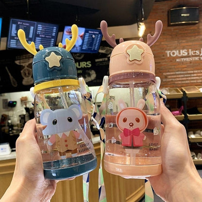 Children's Water Cup Kindergarten Primary School Baby Anti-Fall Cup Cute Girl Antlers Water Bottle Bag Straw Coke Bottle - image 4