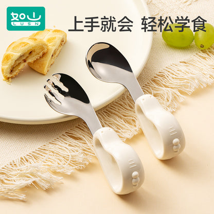 Rushan baby self-feeding complementary food Spoon one-year-old baby learning to eat training children stainless steel short handle fork spoon - image 1