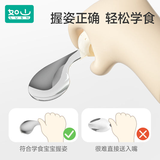 Rushan baby self-feeding complementary food Spoon one-year-old baby learning to eat training children stainless steel short handle fork spoon - image 2