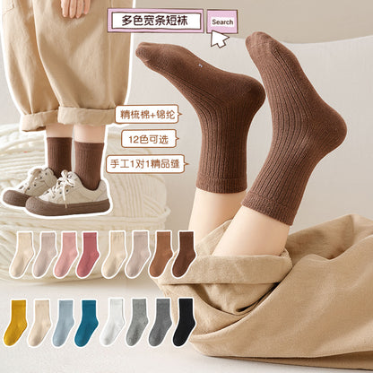Children's Socks, Class a Cotton, Korean Style, Solid Color, Vertical Stripes, Double-Needle Ribbed Baby Socks, Girls' Autumn and Winter Socks, Boys' and Girls' Cotton Socks Wholesale - image 3