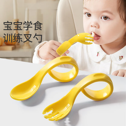 Training Spoon Curved Handle Fork and Spoon Set Elbow Kidsren's Tableware Storage Box Feeding Baby Independent Eating Aid - image 1
