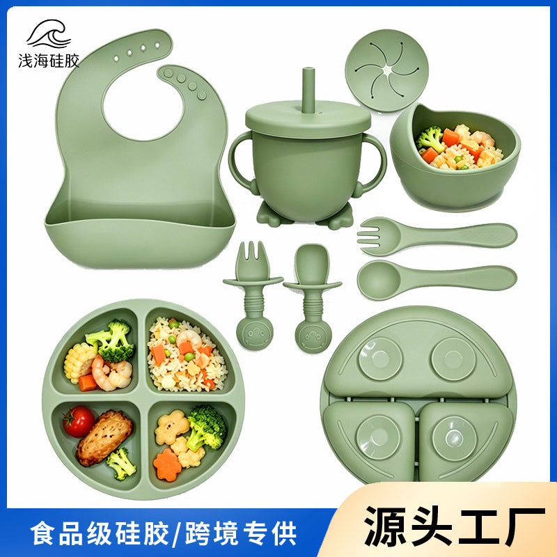 Cross-border wholesale children's tableware complementary bowl silicone plate baby fork spoon bib 8-piece set of anti-fall maternal and infant products - image 1