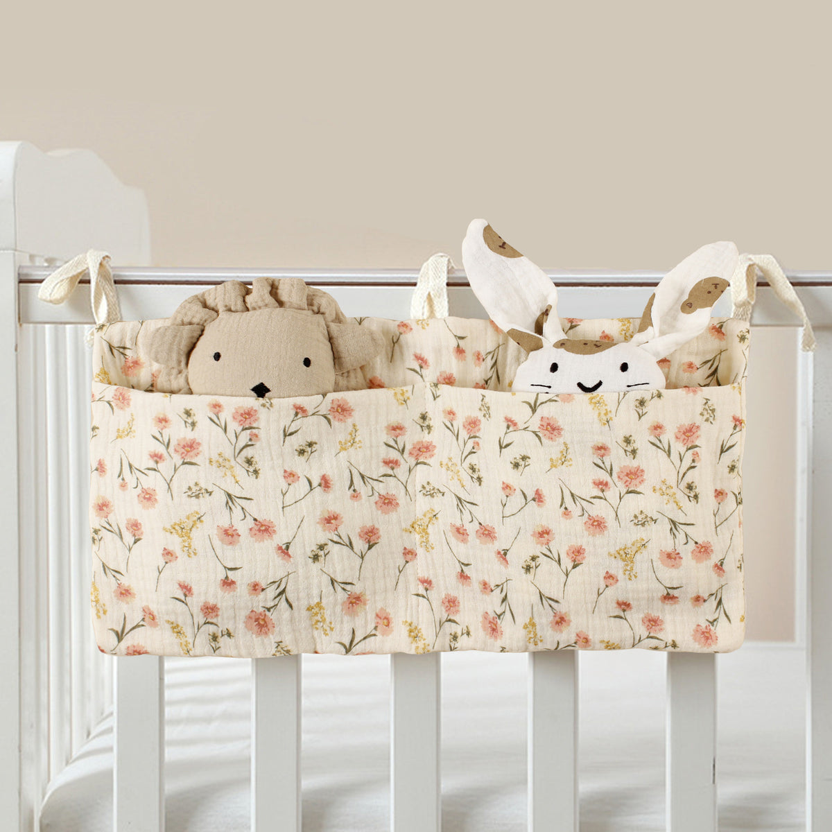 Cross-border pure cotton baby bed circumference double pocket children's feeding bottle bedside hanging bag baby diaper storage stroller hanging bag - image 2