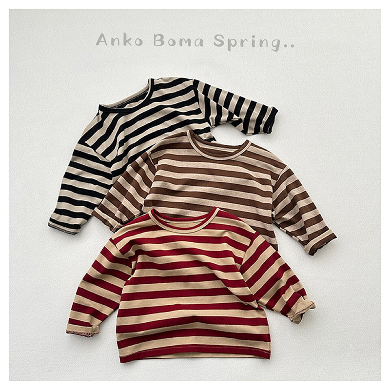 Children's long-sleeved T-shirt spring and autumn versatile new boys and girls Striped retro style round neck loose bottoming shirt top - image 1